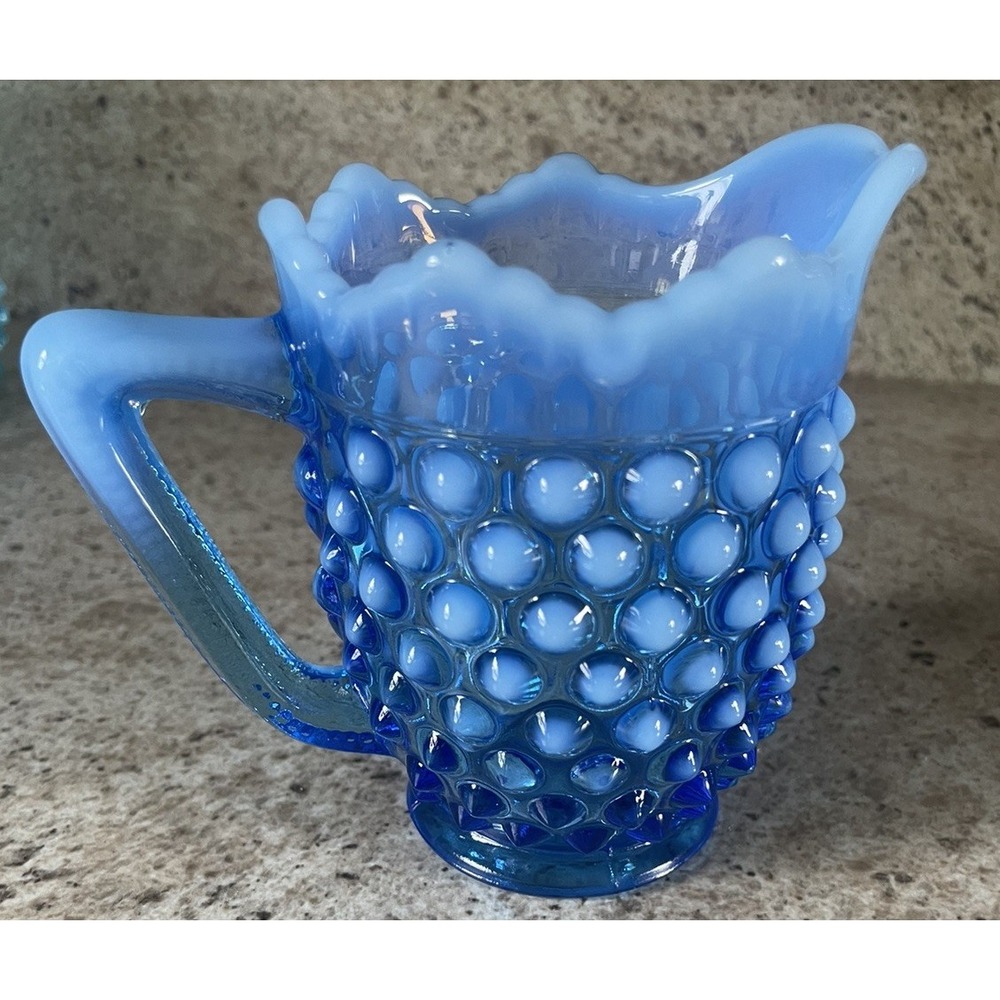Vintage Fenton Opalescent Colonial Blue Hobnail Creamer 4" Pitcher - Picture 2 of 6